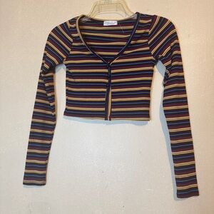 striped, long-sleeved, cropped with a single-button closure top